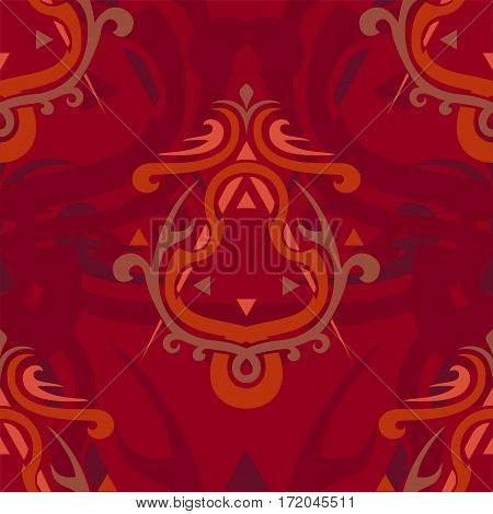Flat illustration colorful seamless pattern with grange, inks, shapes elements on dark red background. Design for wallpaper, textile and prints. Flat vector illustration pattern for background.