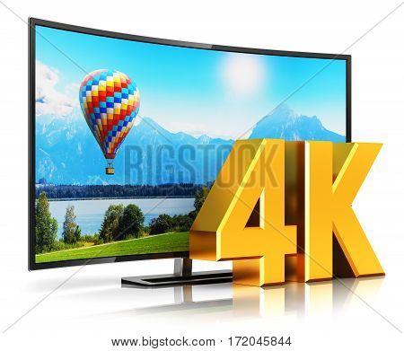 3D render illustration of curved 4K UltraHD resolution TV cinema or computer PC monitor display isolated on white background with reflection effect