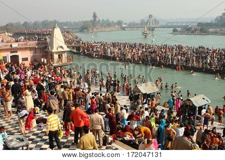 HARIDVAR, INDIA - JAN 14, 2009: During celebrations Makar Sankranti. Festival is celebrated in various parts of India to observe the day which marks the shift of the sun into ever-lengthening days.