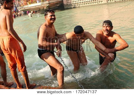 HARIDVAR, INDIA - JAN 14, 2009: During celebrations Makar Sankranti. Festival is celebrated in various parts of India to observe the day which marks the shift of the sun into ever-lengthening days.