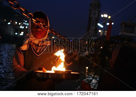 HARIDVAR, INDIA - JAN 14, 2009: During celebrations Makar Sankranti. Festival is celebrated in various parts of India to observe the day which marks the shift of the sun into ever-lengthening days.