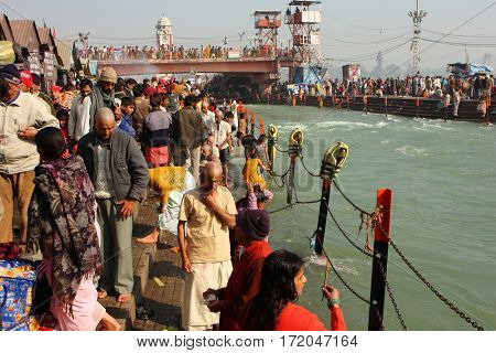 HARIDVAR, INDIA - JAN 14, 2009: During celebrations Makar Sankranti. Festival is celebrated in various parts of India to observe the day which marks the shift of the sun into ever-lengthening days.