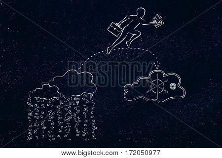 Business Man Jumpying With Docs From Unsafe To Safe Cloud Service