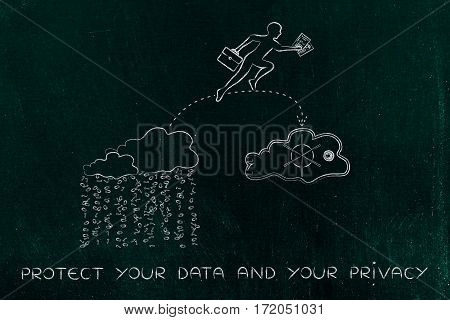 Business Man Jumpying With Docs From Unsafe To Safe Cloud Service