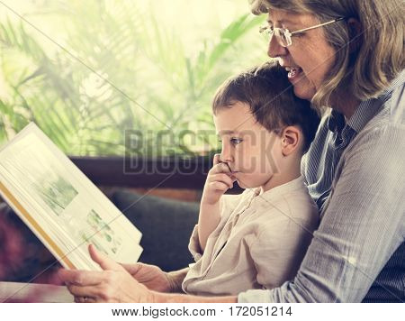 Grandmother Grandson Family Reading Leisure