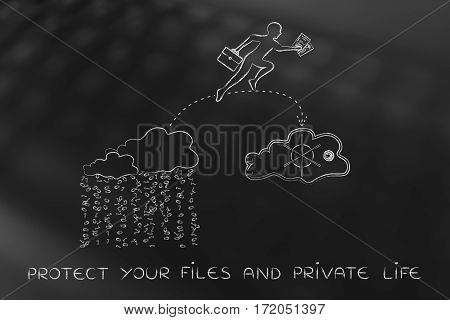 Business Man Jumpying With Docs From Unsafe To Safe Cloud Service