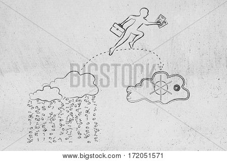 Business Man Jumpying With Docs From Unsafe To Safe Cloud Service