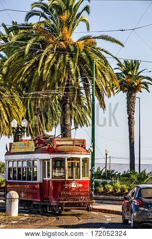 Lisboa, Portugal - May 3, 2016: Historic red tram in Lisbon, Portugal.