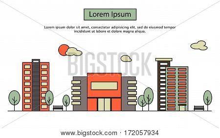 Modern street scenery in flat design style. Residential district with building of bank, cinema or market, trees and houses with place for text