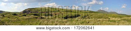 Panoramic Welsh landscape on the Llyn Penninsula beside Black Rock Sands beach near the village of Morfa Bychan Gwynedd Pothmadog North Wales. UK.