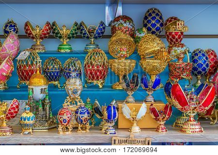 Souvenir faberge eggs on local fair of Saint Petersburg