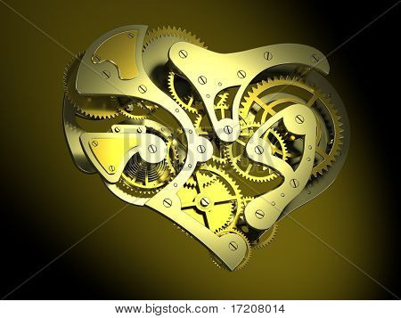 Concetto 3D del meccanismo dell'orologio a forma di cuore su sfondo scuro, isolato