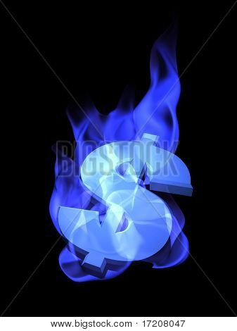 Concetto 3D del dollaro brucia in fiamme blu, isolate, su sfondo nero