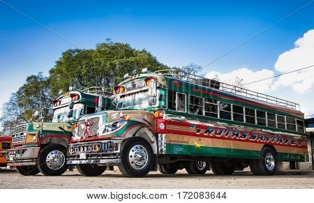 ANTIGUA,GUATEMALA -DEC 25,2015:Typical guatemalan chicken bus in Antigua, Guatemala on Dec 25, 2015.Chicken bus It's a name for colorful, modified and decorated bus in various latin American countries
