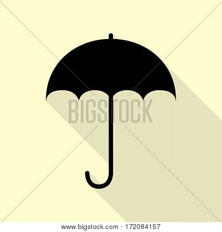 Umbrella sign icon. Rain protection symbol. Flat design style. Black icon with flat style shadow path on cream background.
