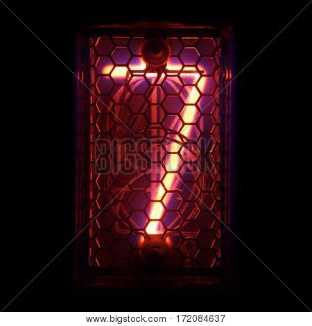 The real Nixie tube indicator of the numbers of retro style. Indicator glow with a magical purple fringing. Digit 7