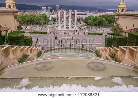 View of Barcelona from fountain on Plaza de Espana at Montjuic in Barcelona, Spain