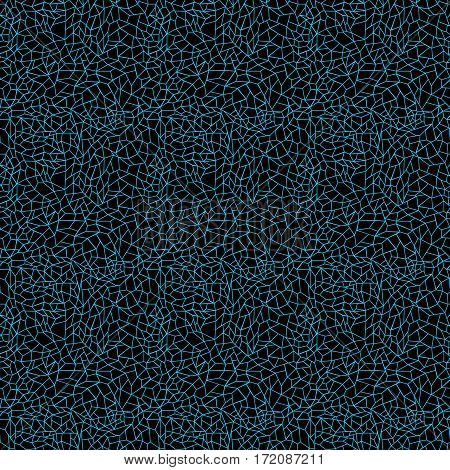 Lacy geometric seamless vector pattern with blue broken lines forming the polygons on the black background