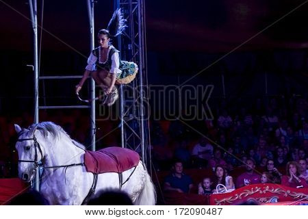 SZEGED, HUNGARY - JUNE 12. 2016 - horse riding performance of the Hungarian National Circus by the Richter Group