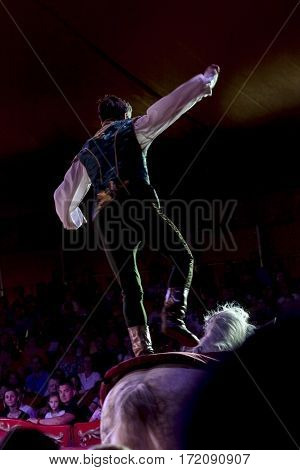 SZEGED, HUNGARY - JUNE 12. 2016 - horse riding performance of the Hungarian National Circus by the Richter Group