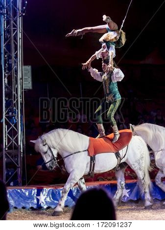 SZEGED, HUNGARY - JUNE 12. 2016 - horse riding performance of the Hungarian National Circus by the Richter Group