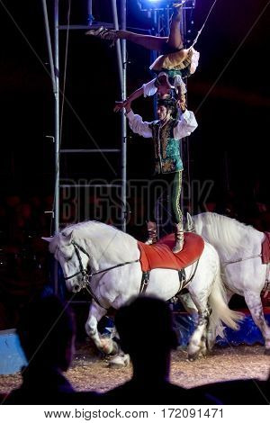SZEGED, HUNGARY - JUNE 12. 2016 - horse riding performance of the Hungarian National Circus by the Richter Group