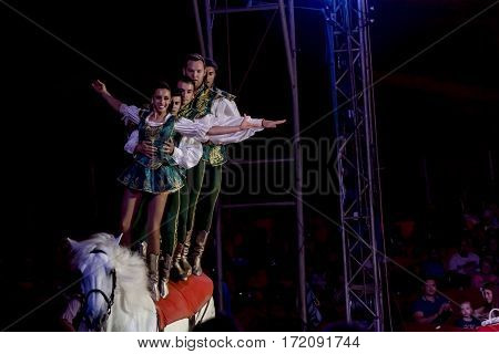 SZEGED, HUNGARY - JUNE 12. 2016 - horse riding performance of Hungarian National Circus by the Richter Group
