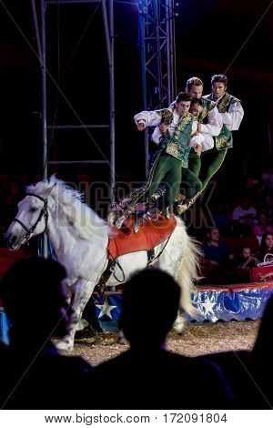 SZEGED, HUNGARY - JUNE 12. 2016 - horse riding performance of Hungarian National Circus by the Richter Group