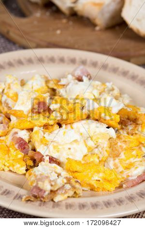 Close up macro fried eggs with bacon.
