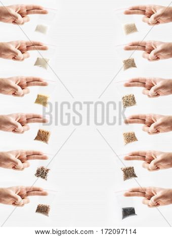 Set of hand holding Plastic transparent zipper bags with full of premium groats isolated on white, Vacuum packages with pasta, peas, groats, rice, seeds, semolina, sugar, flakes. Concept