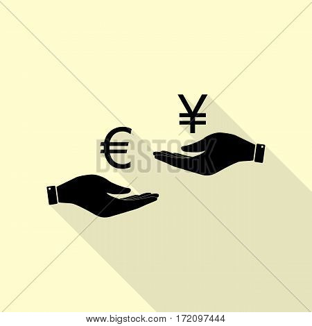 Currency exchange from hand to hand. Euro and Yen. Black icon with flat style shadow path on cream background.