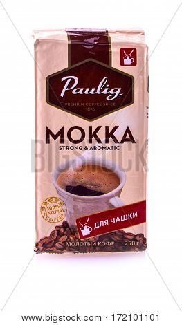 Chisinau Moldova February 18 2017: MOKKA Paulig coffee package on white background. Paulig Mokka - is strong and aromatic coffee medium roast