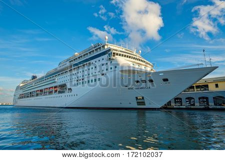 HAVANA,CUBA - FEBRUARY 15,2017 : The modern cruiser ship MSC ARMONIA docked in the Port of Havana