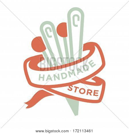 Sewing logo emblem with needles and pins covered with ribbon on white. Vector icon of label for handmade store with sewing equipments in flat style. Sewing concept label with tools for stitching