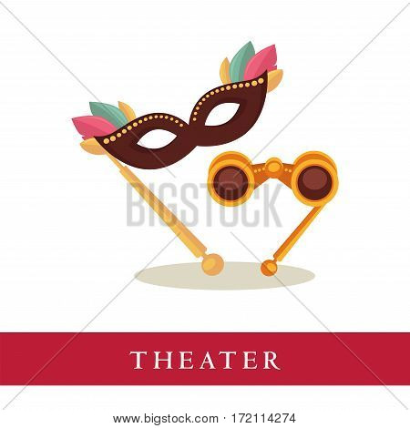 Theatre opera glasses and venetian mask icons isolated on white background. Attributes for watching theatrical performances, objects for audience. Vector advertisement logotype for theater tickets