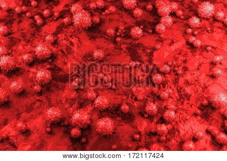 3d Abstract spherical virus on the surface of skin, mucous membrane or intestine. Realistic image of microbe, microorganism