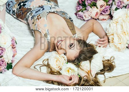 Pretty Girl In Flowers Bouquets