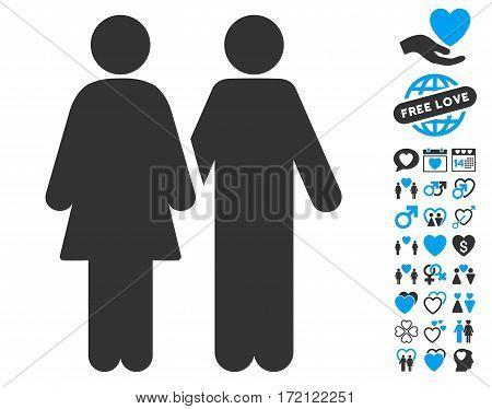 Adult Pair pictograph with bonus passion symbols. Vector illustration style is flat iconic blue and gray symbols on white background.