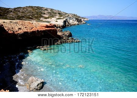 Elevated view of the beach and rugged coastline near Ammoudara Crete Greece Europe.