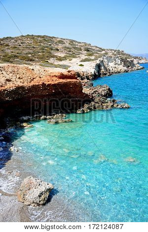 Elevated view of the beach and rugged coastline near Ammoudara Crete Greece Europe.