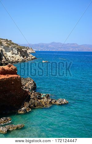 Elevated view of the beach and rugged coastline near Ammoudara Crete Greece Europe.