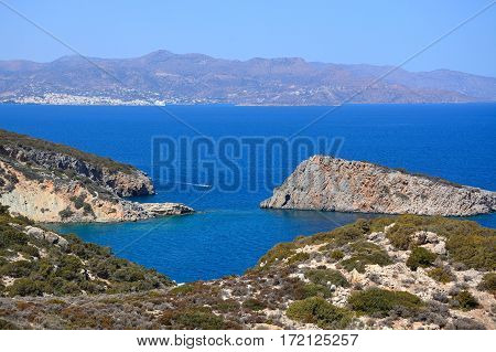 Elevated view of the sea and rugged coastline near Ammoudara Crete Greece Europe.