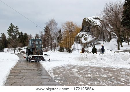 Snow Removal After A Snowfall The Memorial Complex Mamaev Kurgan With A Special Tractor