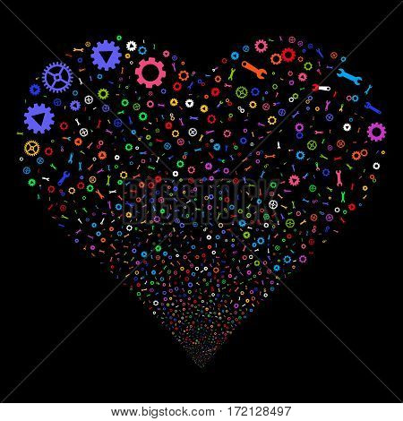 Setup Tools fireworks with heart shape. Vector illustration style is flat bright multicolored iconic symbols on a black background. Object valentine heart done from confetti icons.
