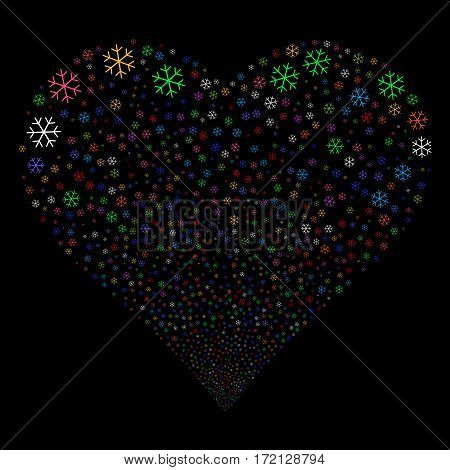 Snowflake fireworks with heart shape. Vector illustration style is flat bright multicolored iconic symbols on a black background. Object stream constructed from scattered icons.