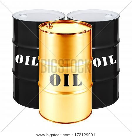Black And Gold Oil Barrels Isolated On White Background. Black Gold