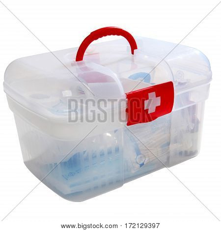 Filled Red First Aid Clear Container Isolated On White. Emergency Kit Storage Box