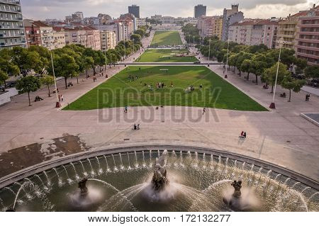 View from Fonte Luminosa luminous fountain on Alameda Park, Lisbon, Portugal