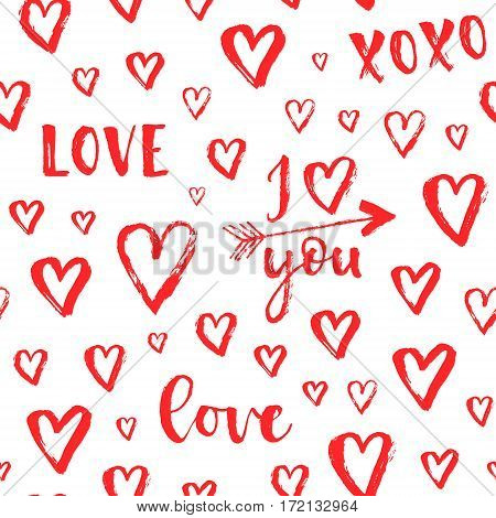 Vector Fashion Seamless Pattern With Hearts On Happy Valentines Day. Doodle Style