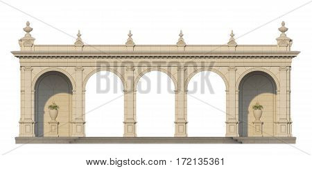 arcade from a stone with ionic pilasters on a white background. 3d render